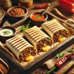 طاكوس محشو بالدجاج المتبل والأعشاب الطازجة، مصفوف بشكل جميل على ورق الخبز، مع أدوات تقديم تقليدية تضيف لمسة ريفية.