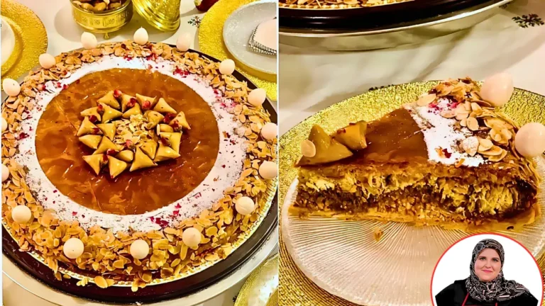 حلوى مغربية معروضة بشكل كامل وقطعة مقطوعة منها. الحلوى الكاملة تتميز بطبقة ذهبية مكرملة وقطع معجنات مثلثة وحافة مزينة باللوز. القطعة المقطوعة تُظهر طبقات من العجين والحشو.