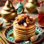 لقطة قريبة لطبق من البان كيك الذهبي مع لمسة مغربية، مزين بالعسل واللوز والتمر، على مفرش طاولة مزخرف وبراد شاي نحاسي صغير بجانبها.