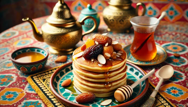 لقطة قريبة لطبق من البان كيك الذهبي مع لمسة مغربية، مزين بالعسل واللوز والتمر، على مفرش طاولة مزخرف وبراد شاي نحاسي صغير بجانبها.