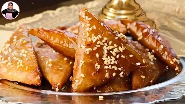 طبق من الحلويات المثلثة المغطاة بالعسل والمزينة بحبوب السمسم.
