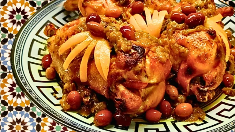 طبق الدجاج المحمر مع صلصة الزيتون والليمون المخلل، مزين بشرائح الليمون والزيتون الأحمر.