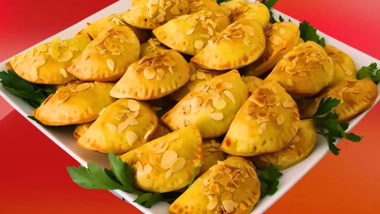 طبقًا شهيًا يحتوي على معجنات ذهبية اللون مُزينة بشرائح اللوز، مرتبة بعناية على طبق أبيض مع بعض أوراق البقدونس كزينة. تبدو المعجنات لامعة ومخبوزة بشكل مثالي، مما يعكس مظهرًا مشهيًا.