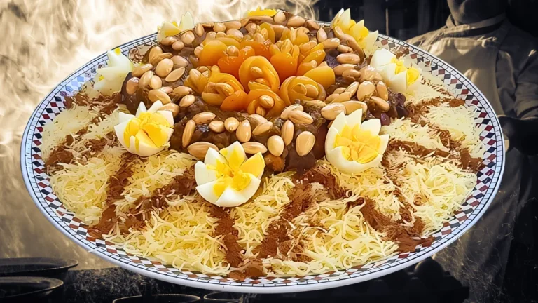 طبق مغربي من السفة المدفونة بالدجاج مزين بشرائح المشمش، اللوز المحمص، والبيض المسلوق، مع خطوط من القرفة.