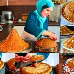 حليمة الفيلالي تحضر طبق سلو المخروطي وتزينه باللوز داخل مطبخ.