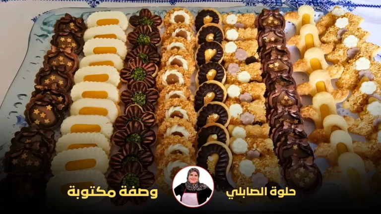 صينية تحتوي على تشكيلة متنوعة من الحلويات المزينة بتصاميم الشوكولاتة المتداخلة، وزخارف على شكل نجوم، وحشوات ملونة مرتبة بشكل أنيق في صفوف.