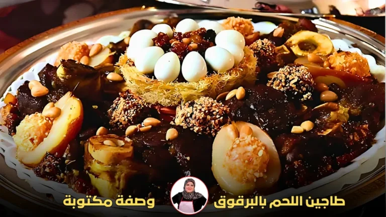 طبق طاجين البرقوق باللحم مزين بمجموعة متنوعة من المكونات مثل البيض المسلوق، الكنافة، الزبيب، واللوز المحمص، مع تقديم أنيق على صينية.